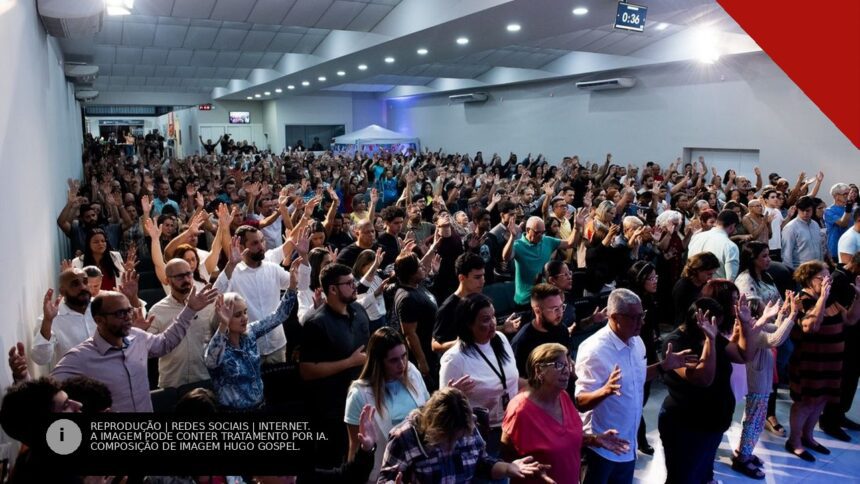 Fiéis evangélicos de mãos erguidas durante culto de adoração em igreja no Brasil