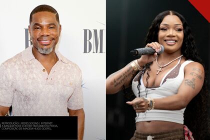 Kirk Franklin sorri ao lado de GloRilla, que segura o microfone no palco, em fotos de divulgação dos artistas