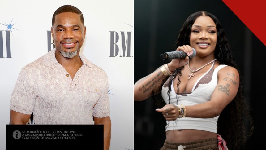 Kirk Franklin sorri ao lado de GloRilla, que segura o microfone no palco, em fotos de divulgação dos artistas