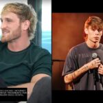 Logan Paul sorrindo durante gravação de podcast ao lado do evangelista Bryce Crawford segurando um microfone no palco