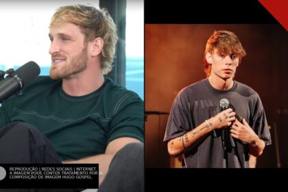 Logan Paul sorrindo durante gravação de podcast ao lado do evangelista Bryce Crawford segurando um microfone no palco