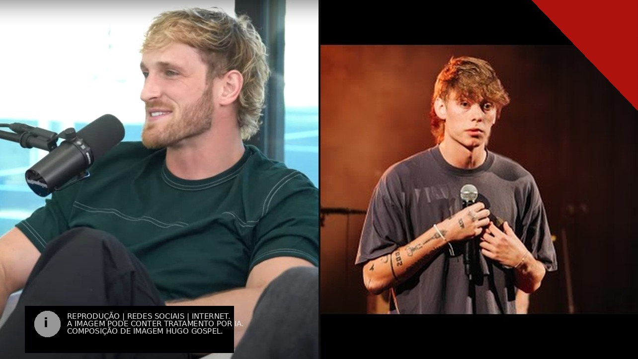 Logan Paul sorrindo durante gravação de podcast ao lado do evangelista Bryce Crawford segurando um microfone no palco