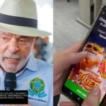 O presidente Lula discursando e, ao lado, uma mão segurando um celular com a tela do jogo do Tigrinho.