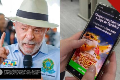 O presidente Lula discursando e, ao lado, uma mão segurando um celular com a tela do jogo do Tigrinho.
