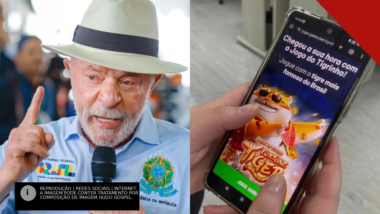O presidente Lula discursando e, ao lado, uma mão segurando um celular com a tela do jogo do Tigrinho.