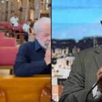 Lula de mãos postas em oração dentro de uma igreja ao lado de Janja, e discursando em evento de campanha