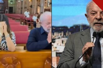 Lula de mãos postas em oração dentro de uma igreja ao lado de Janja, e discursando em evento de campanha
