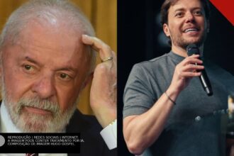 Montagem com o presidente Lula em evento oficial e o pastor André Valadão pregando com microfone.