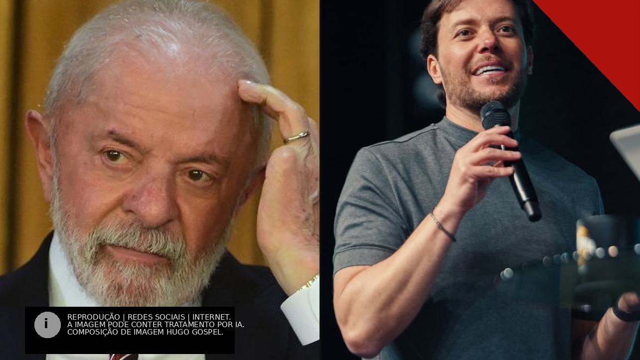 Montagem com o presidente Lula em evento oficial e o pastor André Valadão pregando com microfone.