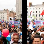 Multidão de cristãos com cartazes e balões durante a Marcha para Jesus 2026 nas ruas de Dublin, na Irlanda.