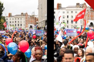 Multidão de cristãos com cartazes e balões durante a Marcha para Jesus 2026 nas ruas de Dublin, na Irlanda.