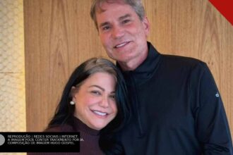 Pastor Márcio Poncio e a esposa Simone Poncio abraçados, sorrindo; composição de imagem Hugo Gospel