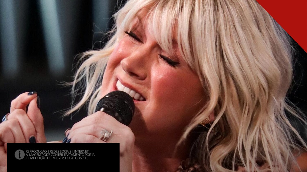 Cantora Natalie Grant cantando com os olhos fechados em apresentação ao vivo