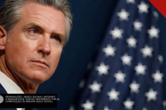 Governador Gavin Newsom, da Califórnia, em evento oficial com a bandeira dos Estados Unidos ao fundo.