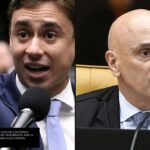 Deputado Nikolas Ferreira discursando ao microfone com o dedo em riste ao lado do ministro Alexandre de Moraes no plenário do STF