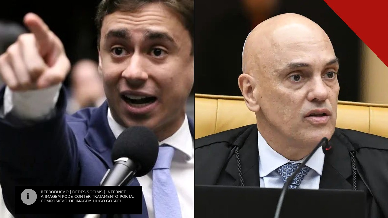 Deputado Nikolas Ferreira discursando ao microfone com o dedo em riste ao lado do ministro Alexandre de Moraes no plenário do STF