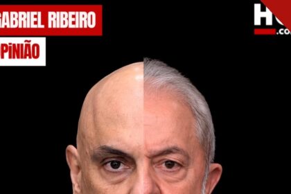 Arte do artigo de opinião de Gabriel Ribeiro com os rostos divididos de Alexandre de Moraes e Lula.