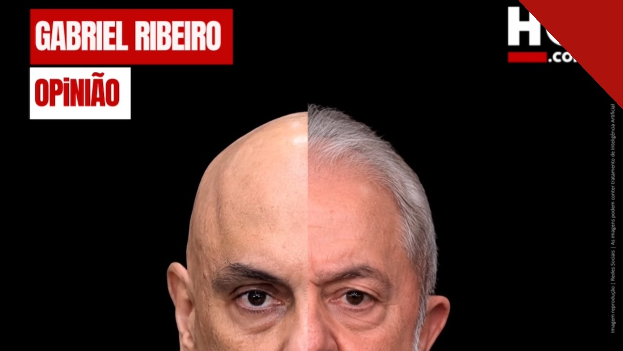 Arte do artigo de opinião de Gabriel Ribeiro com os rostos divididos de Alexandre de Moraes e Lula.