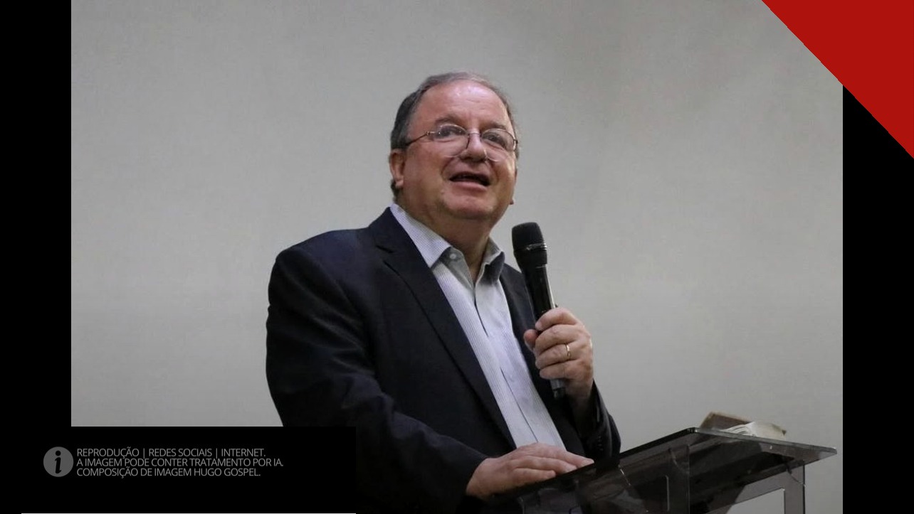 Reverendo Arival Dias Casimiro pregando com microfone em púlpito; composição de imagem Hugo Gospel