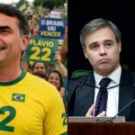 Flávio Bolsonaro em ato de campanha com apoiadores ao lado do ministro André Mendonça, do STF