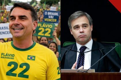 Flávio Bolsonaro em ato de campanha com apoiadores ao lado do ministro André Mendonça, do STF