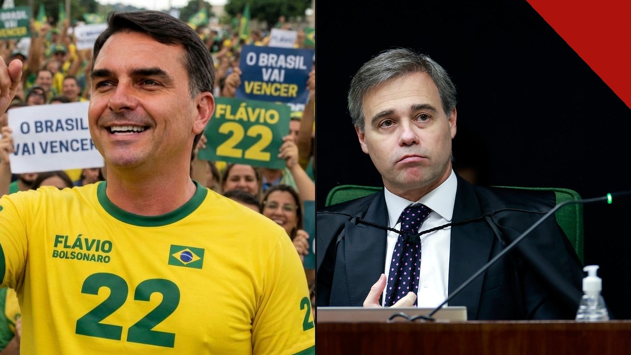 Flávio Bolsonaro em ato de campanha com apoiadores ao lado do ministro André Mendonça, do STF