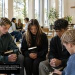 Jovens suecos reunidos em oração dentro de uma igreja na Suécia, com Bíblias nas mãos e uma cruz ao fundo; composição de imagem Hugo Gospel