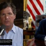 Tucker Carlson com microfone em entrevista e Donald Trump sentado no Salão Oval da Casa Branca