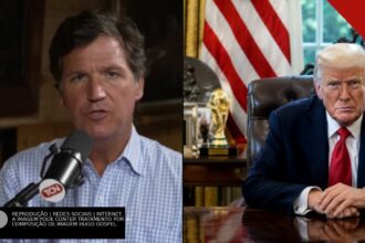 Tucker Carlson com microfone em entrevista e Donald Trump sentado no Salão Oval da Casa Branca