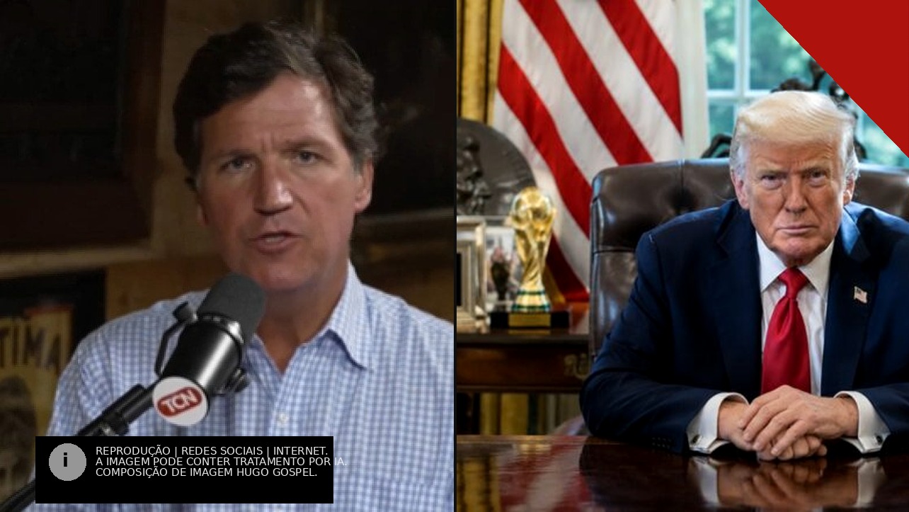 Tucker Carlson com microfone em entrevista e Donald Trump sentado no Salão Oval da Casa Branca