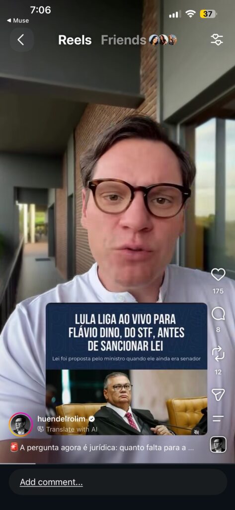 Print do reel do jurista Huendel Rolim no Instagram sobre a suspeição de Flávio Dino