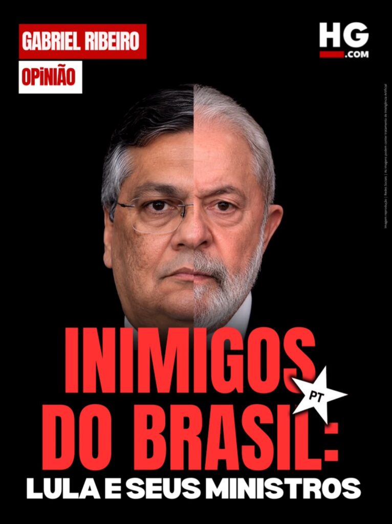 Arte do artigo de opinião com os rostos divididos de Flávio Dino e Lula.