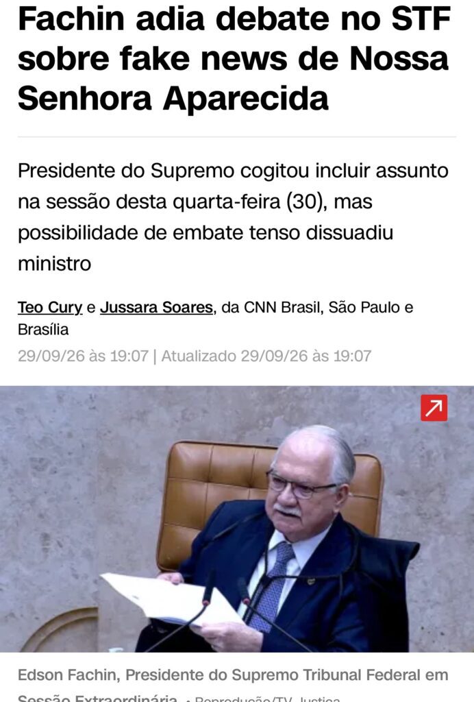 Print da matéria da CNN Brasil sobre o adiamento do debate no STF sobre a fake news de Nossa Senhora Aparecida