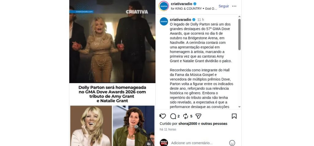 Print da publicação do Instagram @criativaradio anunciando a homenagem a Dolly Parton no GMA Dove Awards