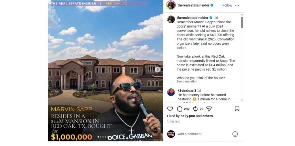 Print da publicação do Instagram @therealestateinsider com tour de mansão ligada a Marvin Sapp em Red Oak, Texas