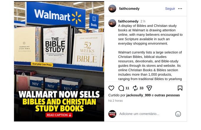 Print da publicação do Instagram @faithcomedy mostrando Bíblias em exposição no Walmart