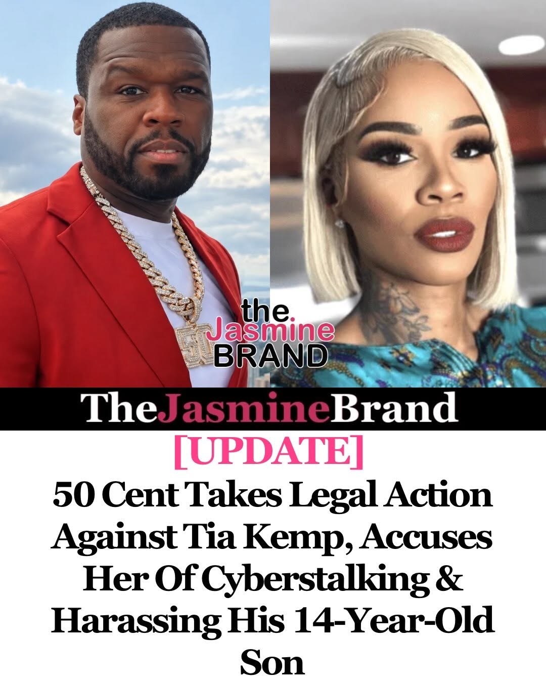 Cartão do The Jasmine Brand sobre a ação judicial de 50 Cent contra Tia Kemp