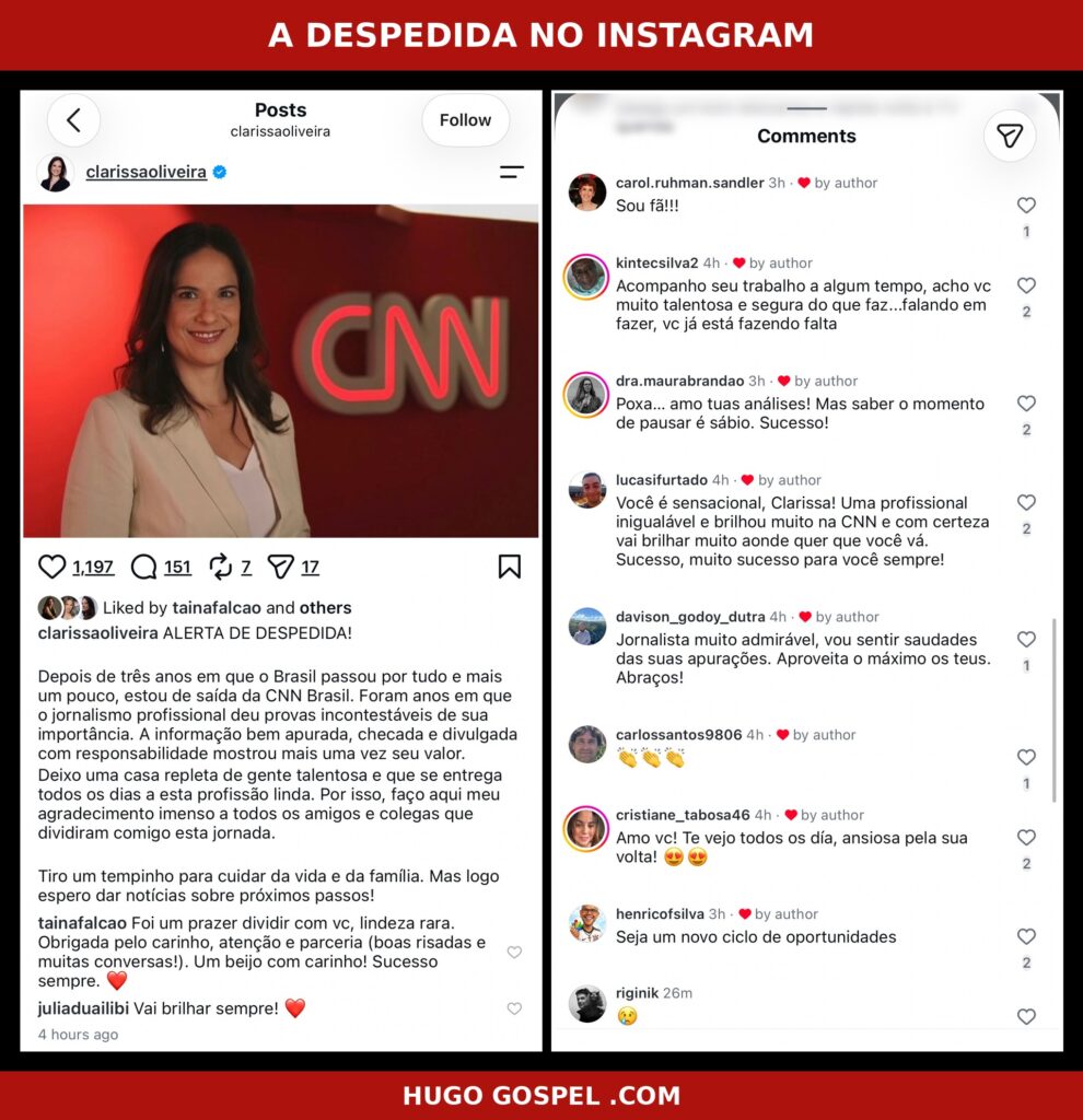 Montagem com a publicação de despedida de Clarissa Oliveira no Instagram e comentários de seguidores