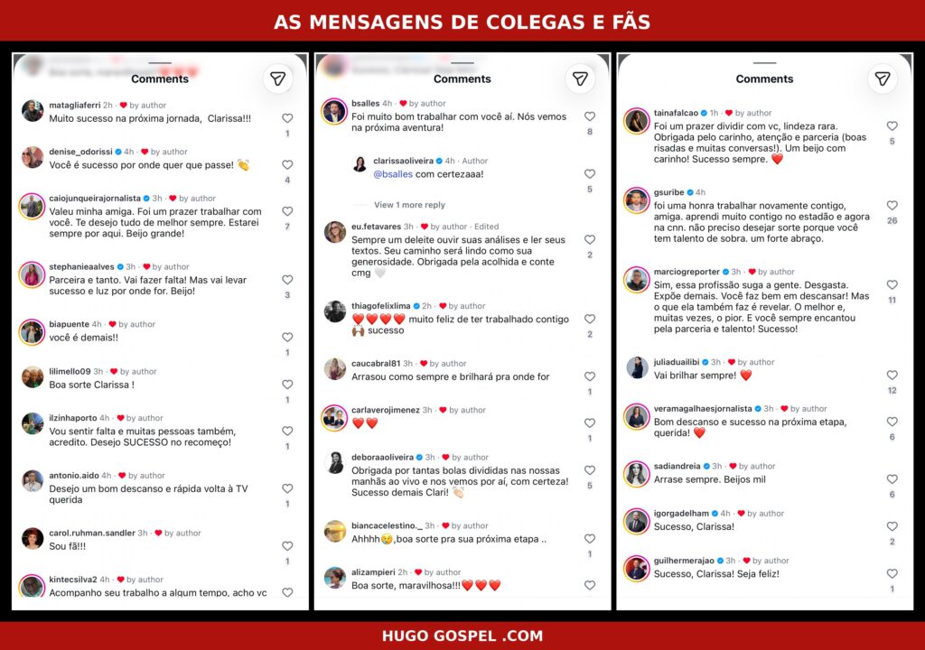 Montagem com comentários de colegas jornalistas e fãs na despedida de Clarissa Oliveira da CNN Brasil