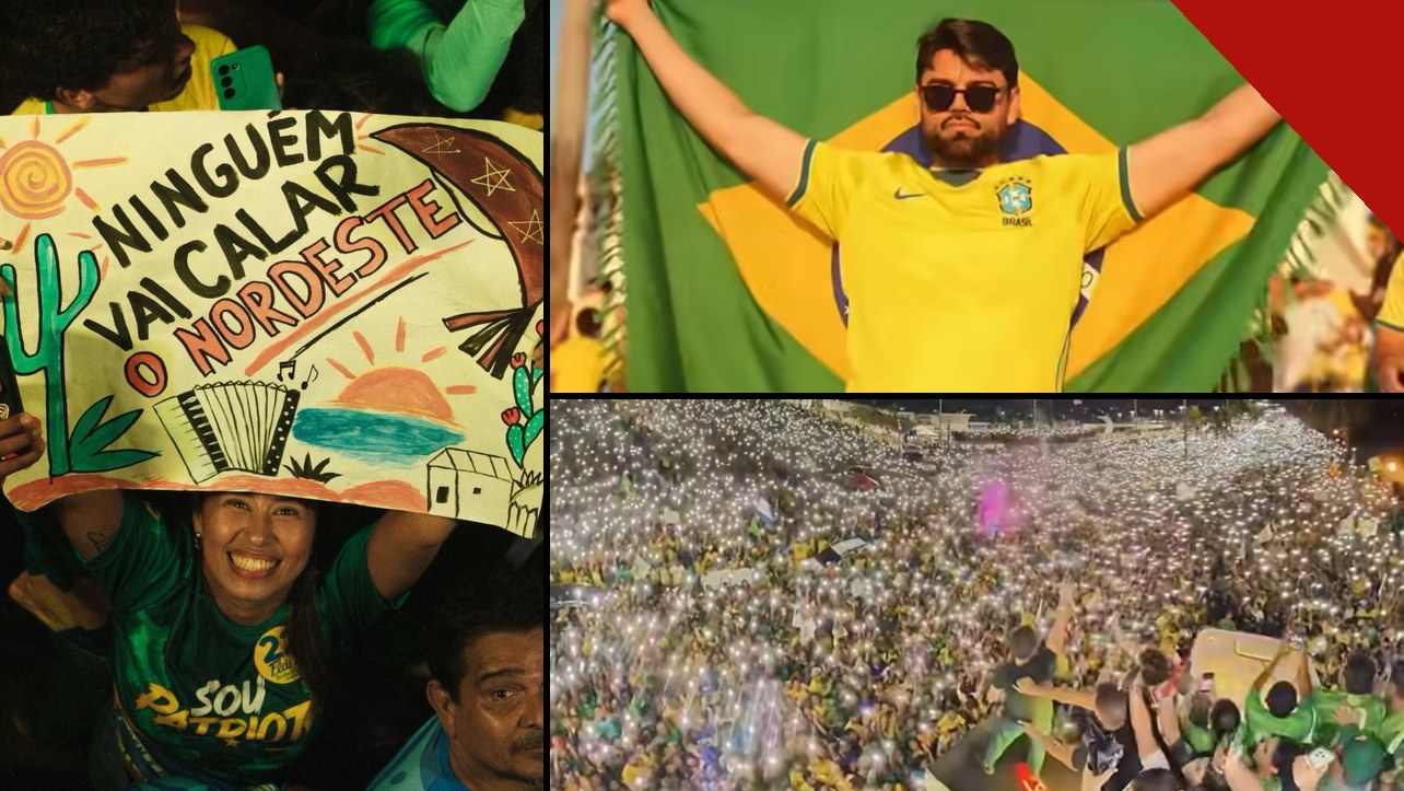 Multidão com lanternas de celular acesas recebe Nikolas Ferreira no Nordeste; apoiadora sorrindo segura cartaz com os dizeres Ninguém vai calar o Nordeste e apoiador levanta a bandeira do Brasil
