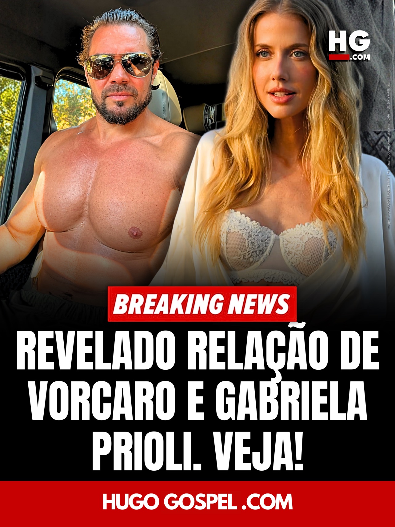 Arte do Hugo Gospel sobre o caso Vorcaro e Gabriela Prioli