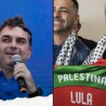 Bandeira de Israel e Lula com camisa da Palestina | Reprodução | Instagram @brasilparalelo
