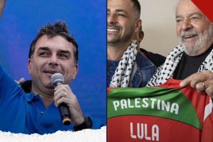 Bandeira de Israel e Lula com camisa da Palestina | Reprodução | Instagram @brasilparalelo