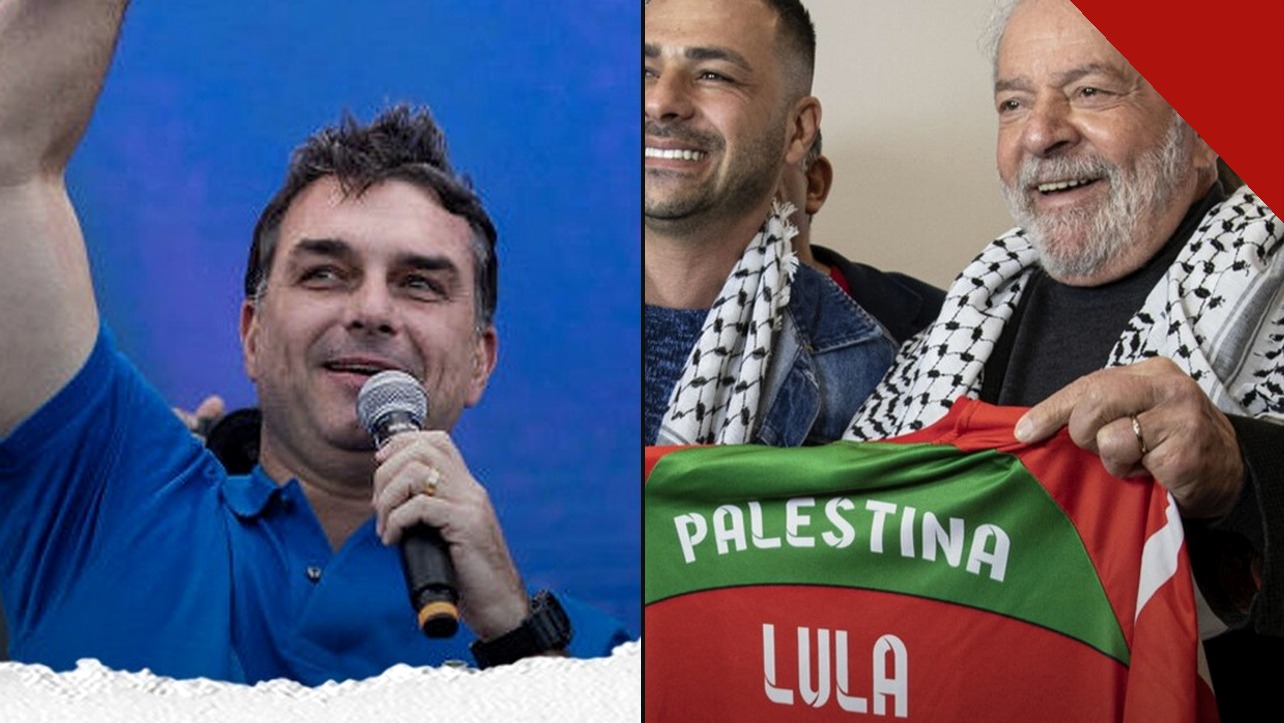 Bandeira de Israel e Lula com camisa da Palestina | Reprodução | Instagram @brasilparalelo