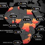 uso de aplicativos bíblicos cresce 72% na África: mapa do continente com o crescimento do uso diário da Bíblia digital por país