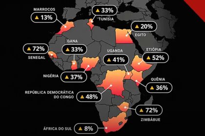 uso de aplicativos bíblicos cresce 72% na África: mapa do continente com o crescimento do uso diário da Bíblia digital por país