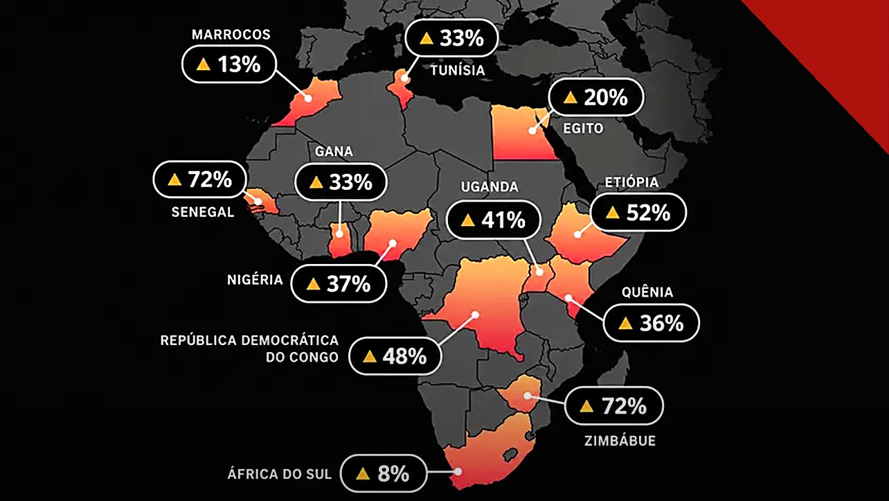 uso de aplicativos bíblicos cresce 72% na África: mapa do continente com o crescimento do uso diário da Bíblia digital por país