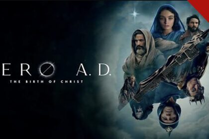 Pôster em que o filme Zero D.C. narra nascimento de Cristo: Maria, José e Herodes em composição dramática sob a estrela de Belém