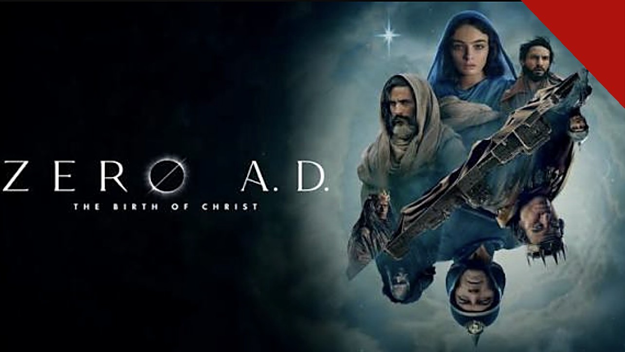 Pôster em que o filme Zero D.C. narra nascimento de Cristo: Maria, José e Herodes em composição dramática sob a estrela de Belém