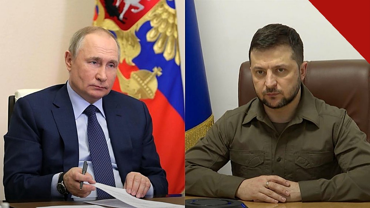 Montagem com Putin e Zelensky no dia em que a Rússia aceita negociar com Ucrânia e EUA em encontro trilateral mediado por Washington